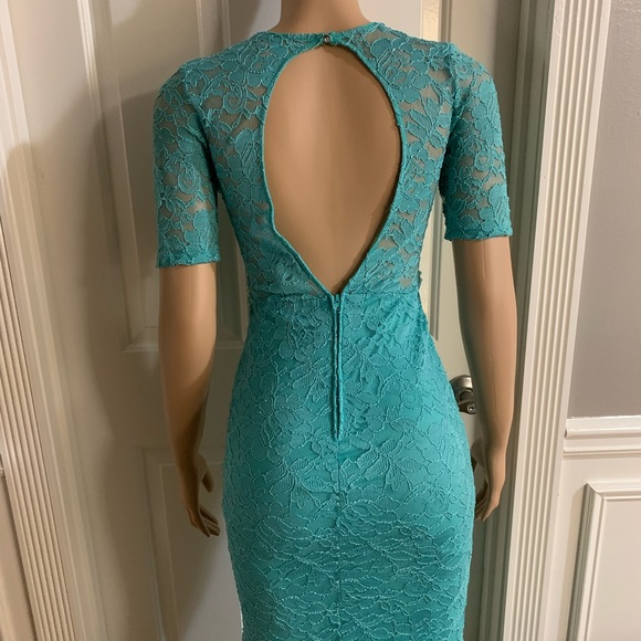 Women junior blue green lace bodycon mermaid maxi dress size (S) zipper back - Picture 12 of 14